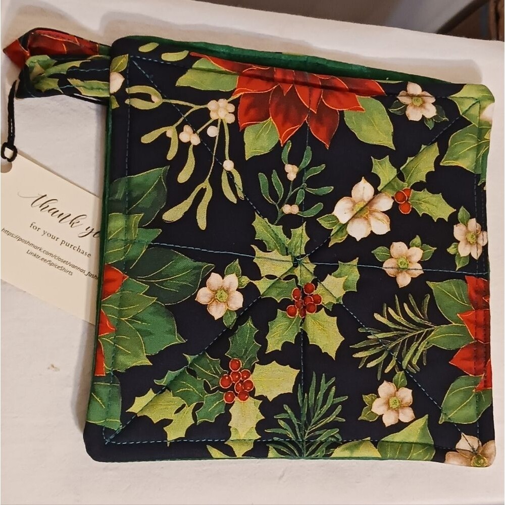 Handmade Holiday Potholder Set Of 2 Floral Quilted Design Gift- Red and Green